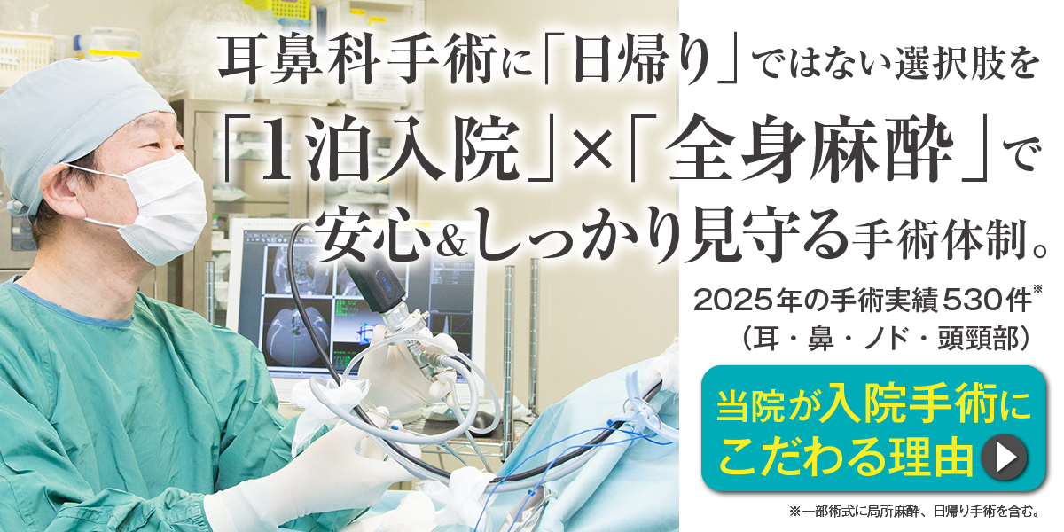 鼻づまり/副鼻腔炎/アレルギー性鼻炎/イビキ/睡眠時無呼吸症候群/中耳炎に1泊入院+全身麻酔で安全・安心の手術